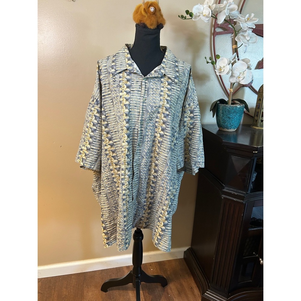 Pierre Cardin Mens 4XL Blue Tan Geometric Print Cotton Button Down Shirt